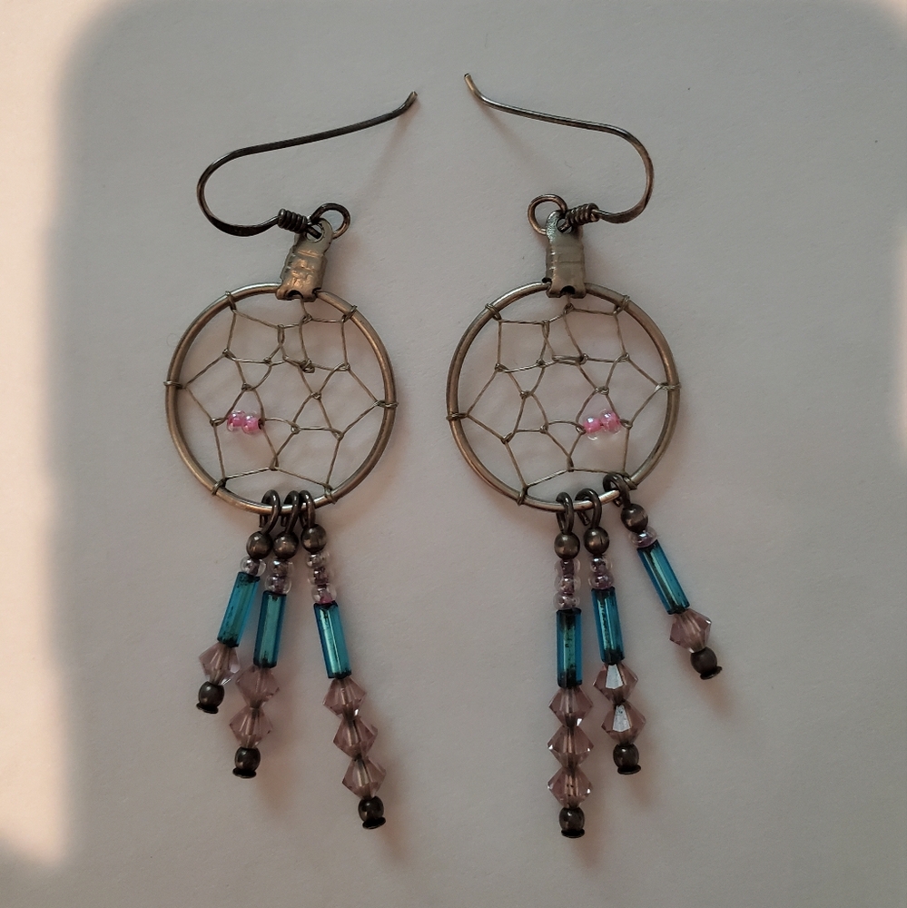 Dreamcatcher Earrings with Blue and Purple Beads